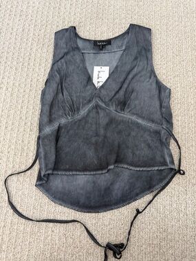 Nicole Miller Drawstring Washed Black V-Neck Sleeveless Top